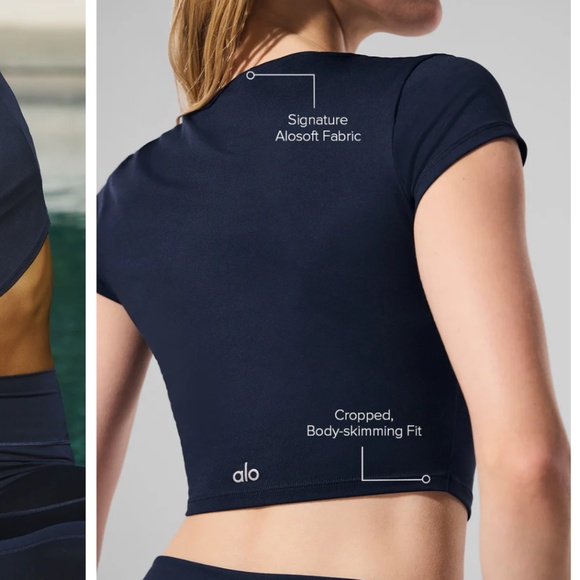 Alo Alosoft Crop Finesse Short Sleeve Shirt In Navy Size S NWT - Picture 2 of 5